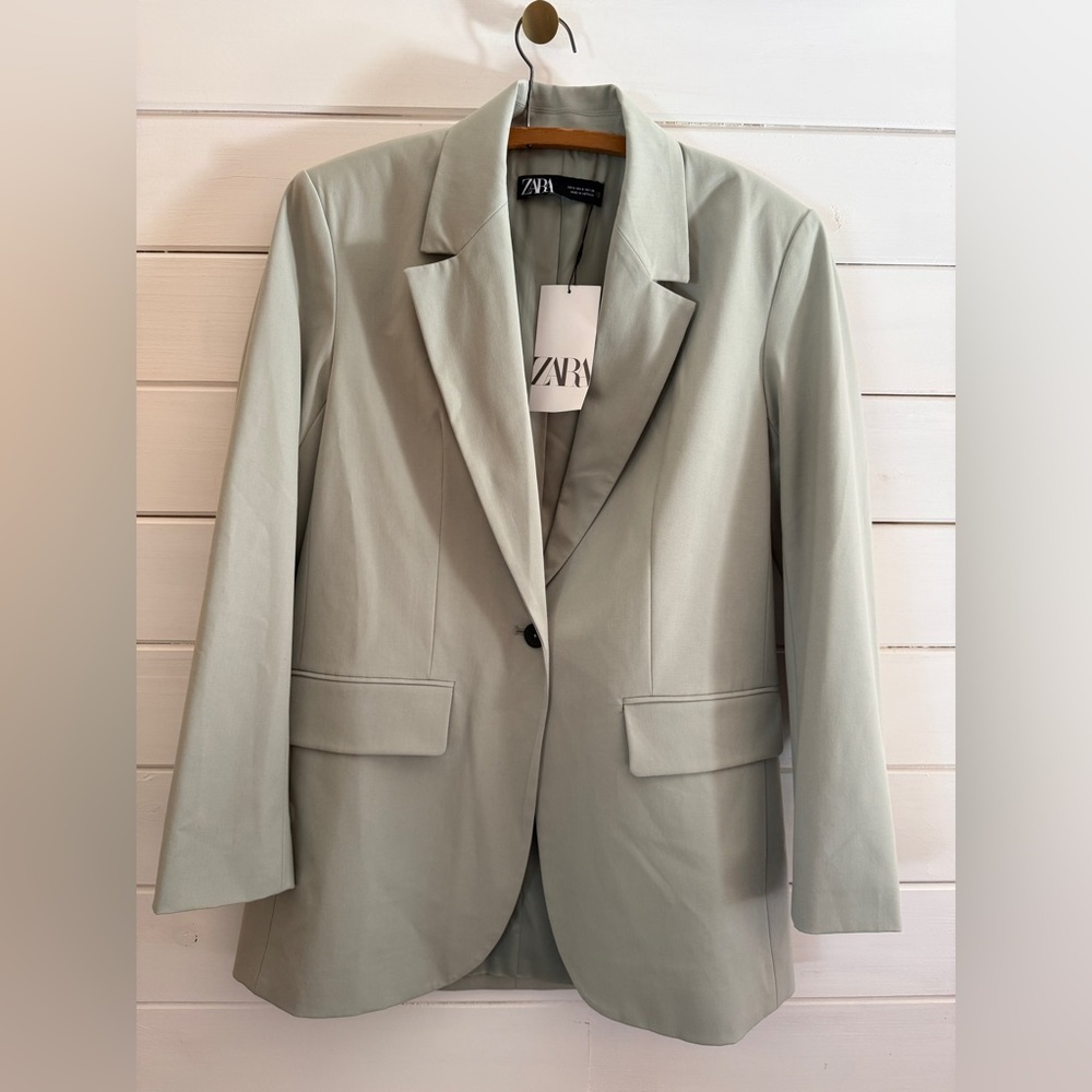 NWT ZARA STRAIGHT BLAZER LIGHT GREEN WOMEN SIZE SMALL Single Button Front - Picture 4 of 7
